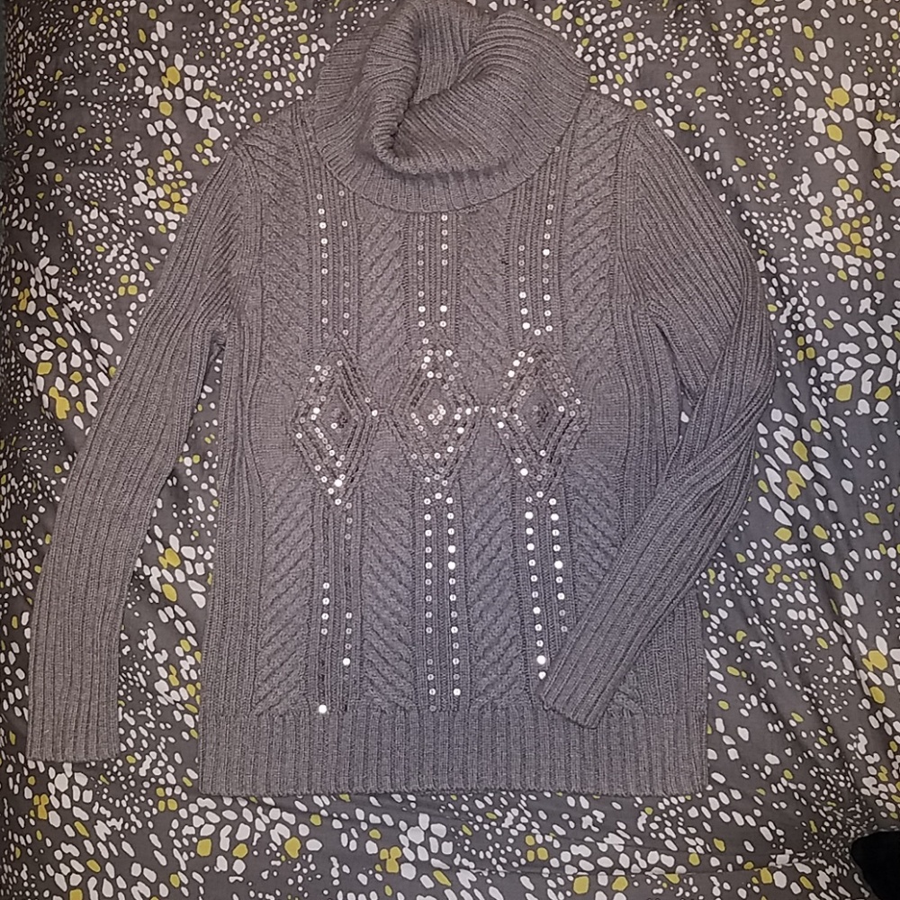 Cable knit turtle neck sequin sweater